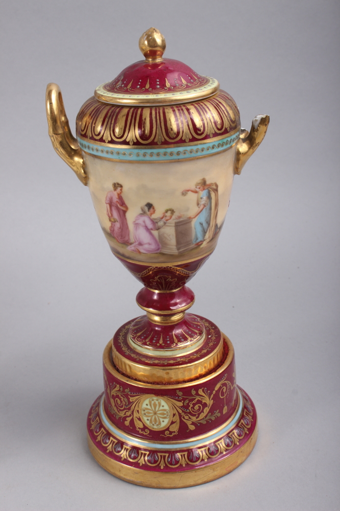 A Vienna two-handled pot and cover with classical figure decoration on a crimson ground, 8 1/2" high - Image 2 of 5