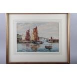 Wilfred Knox, aka A D Bell: watercolours, "Drying Sails", 9 1/2" x 14", in gilt strip frame