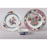 An 18th century Chinese Imari decorated plate, 9" dia (restored), a Chinese porcelain famille rose
