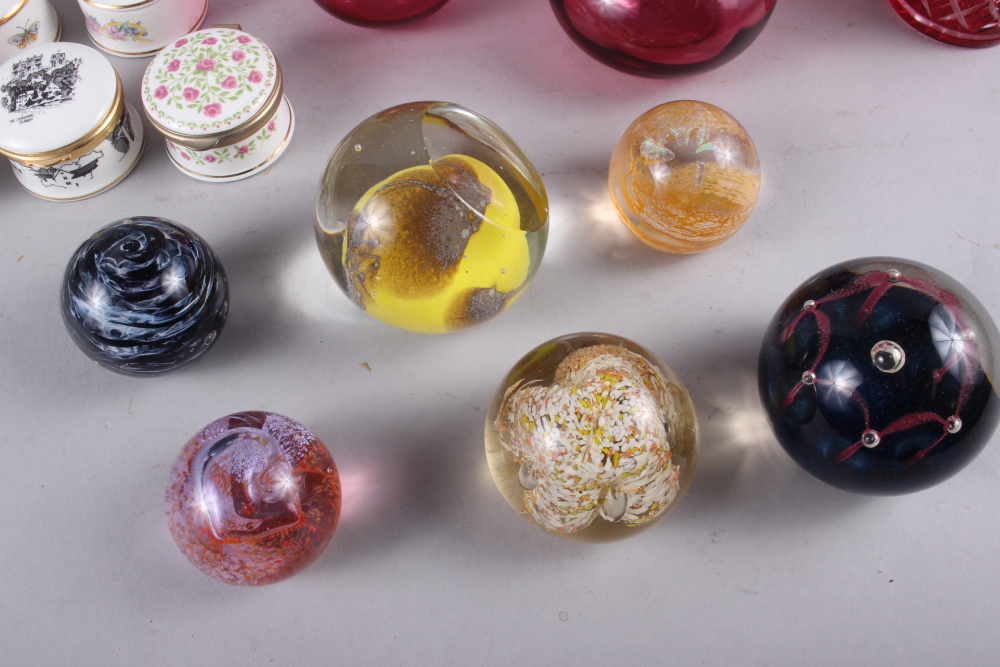 A Caithness "Moon Crystal" paperweight, five other paperweights, five decanters, cranberry glassware - Image 3 of 5