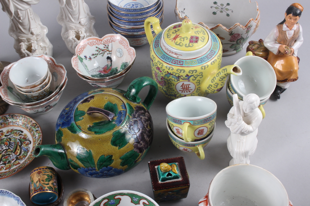 A Chinese yellow polychrome decorated teapot and four matching teacups, a planter with insect and - Image 3 of 22