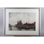 John Aitken: watercolours, Continental/Dutch port scene, 13 1/2" x 19", in silvered frame