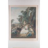 Two pairs of 19th century style mezzotints, figures in woodland, unframed