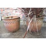 A pair of terracotta plant pots with wheat relief decoration, 17 1/2" dia x 14 1/2" high