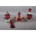 Three French Val St Lambert type dressing table items, comprising a scent bottle and stopper, a