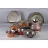 A 19th century copper gallon flagon, a 19th century copper saucepan, 11" dia, a set of three