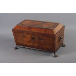 A Georgian mahogany sarcophagus tea caddy with lion ring handles, on claw and ball supports, 13"