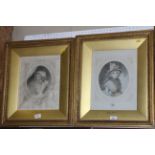 J Payroic?: a pair of signed prints, women in period costumes, in deep gilt frames