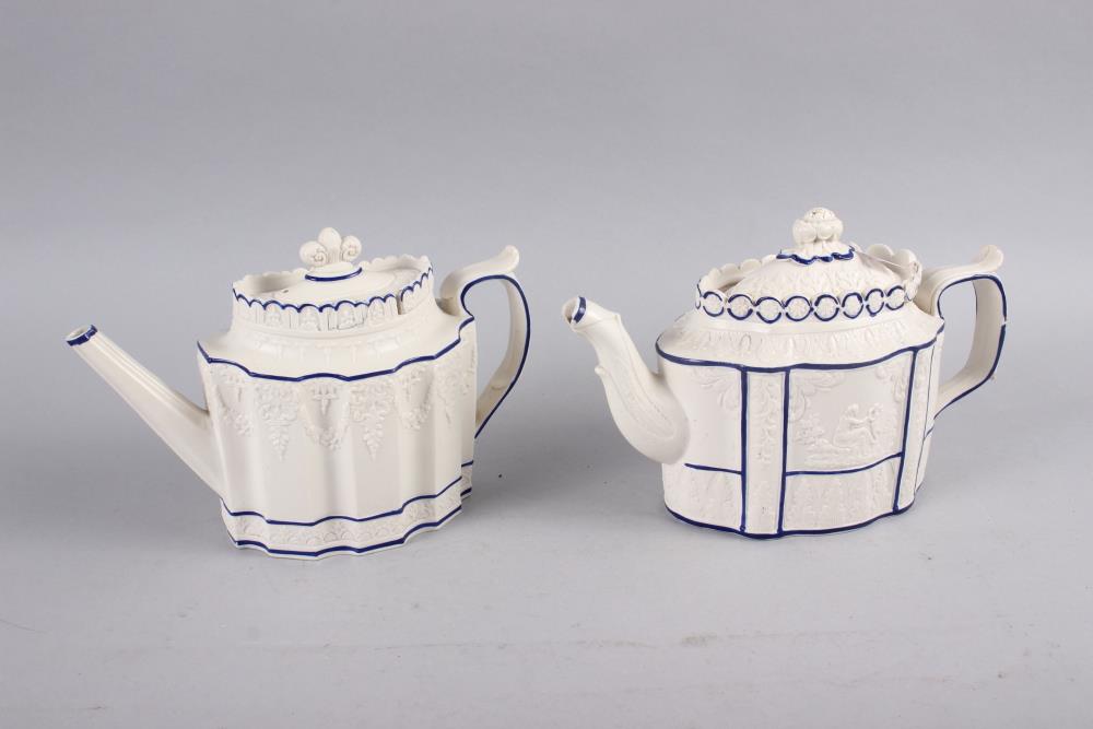 Seven teapots comprising an early 19th century teapot with blue and gilt decoration, 6 1/2" high,