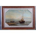 A 19th century oil painting of two ships with figures, 10 3/4" x 17 1/2", in octagonal fabric