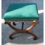 A 19th century mahogany 'X' frame stool with green velvet upholstered seat, 16" wide x 14" deep x