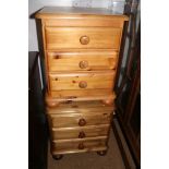 A pair of pine three drawer bedside chests, on bun feet, 18" wide x 17" deep x 21" high