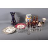 A 19th century tin glazed Dante water jug, 8 1/2" high, six cranberry liqueur glasses, pedestal