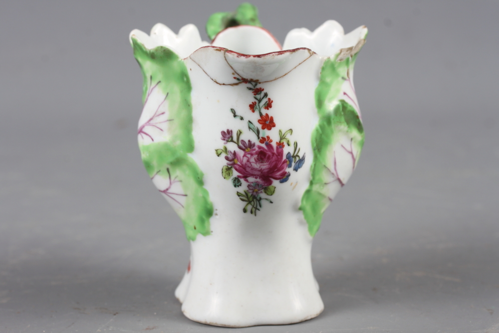 A Longton Hall cream jug with openwork twist handle and leaf relief decoration and enamel floral - Image 2 of 11