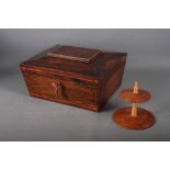 A rosewood sarcophagus sewing box and a quantity of sewing accessories, including needles,
