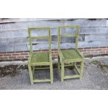 A pair of green velvet covered side chairs with panel seats, on stretchered supports