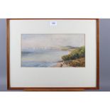 English School: watercolours, coastal scene with distant cliffs, 6 3/4" high x 13" wide, in wooden