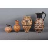 A Greek reproduction geometric pattern vase, 8" high, a reproduction Oenochoe, 10 3/4" high, and two