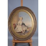 An early Victorian watercolour, child with dog, 14" x 11", in oval gilt mount and frame