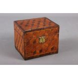 A 19th century kingwood, rosewood and parquetry tea caddy, 5" wide x 4 1/4" deep x 4 1/4" high