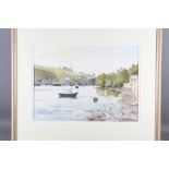 Tony: Henderson: watercolours, "The Yealm at Noss Mayo", 13" x 18", in wooden strip frame