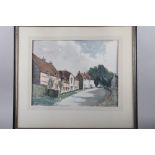 A watercolour of cottages, 11 1/2" x 15 1/2", in black strip frame, a print of "The Peasant Wedding"