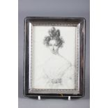 An early Victorian pencil sketch of a lady, 4 3/4" high x 3 1/4" wide, in silver frame