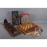 A marquetry chess board with wooden chess pieces, a quantity of "Farmers Glory" wooden 2D figures, a