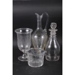 A 19th century three ring neck decanter, an etched claret jug, a celery vase and a late Georgian