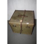 A green canvas and leather bound hat box, initialled "M.L.Y.", 20" wide x 19 1/2" deep x 15 1/2"