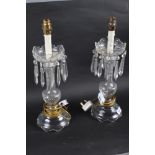A pair of early 20th century cut glass lustre table lamps with spear drops, 16 1/2" high