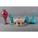 A Carltonware crimson and lustre glazed vase, 9 1/4" high (damages), an English sugar bowl, cover
