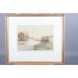 Ken Messer: watercolours, river scene, Thames near Abingdon, 7 1/2" x 10 1/2", in strip frame, an