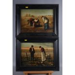 A pair of oleographs, "The Angelus" and "The Gleaners", in ebonised strip frames