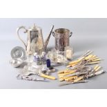 A silver plated coffee pot, 9 1/4" high, a syphon stand, a quantity of loose plated cutlery, grape