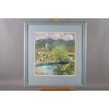 E M Cullon?: watercolour and bodycolour, landscape with bridge, sheep and church, 13" square, in