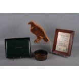 A burr walnut veneered bird-shaped jigsaw puzzle, a bottle coaster, a Game book, in box, and a verse