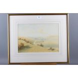 E W Long: watercolours, "Sussex Downs, Evening", shepherd in a field, 9 3/4" x 13 3/4", in gilt