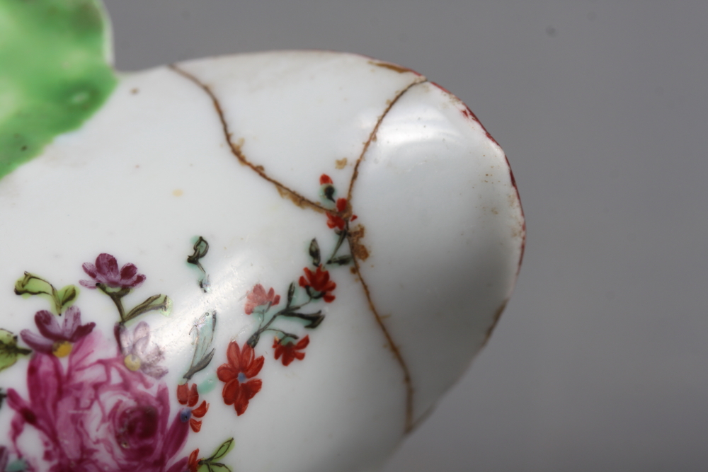 A Longton Hall cream jug with openwork twist handle and leaf relief decoration and enamel floral - Image 8 of 11