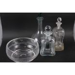 Two hourglass decanters and stoppers, a cut glass bowl and a modern decanter