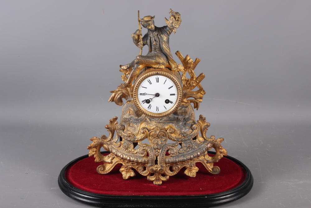 A 19th century gilt spelter mantel clock with hunter surmount, 14" high, under a glass dome shade, - Image 2 of 3