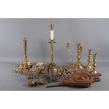 A copper plague pan, a quantity of brass table lamps, light fittings, bellows and other items