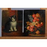 A miniature painting on wood of a kitten, 3 1/2" x 2 3/4", and a similar painting of a vase of