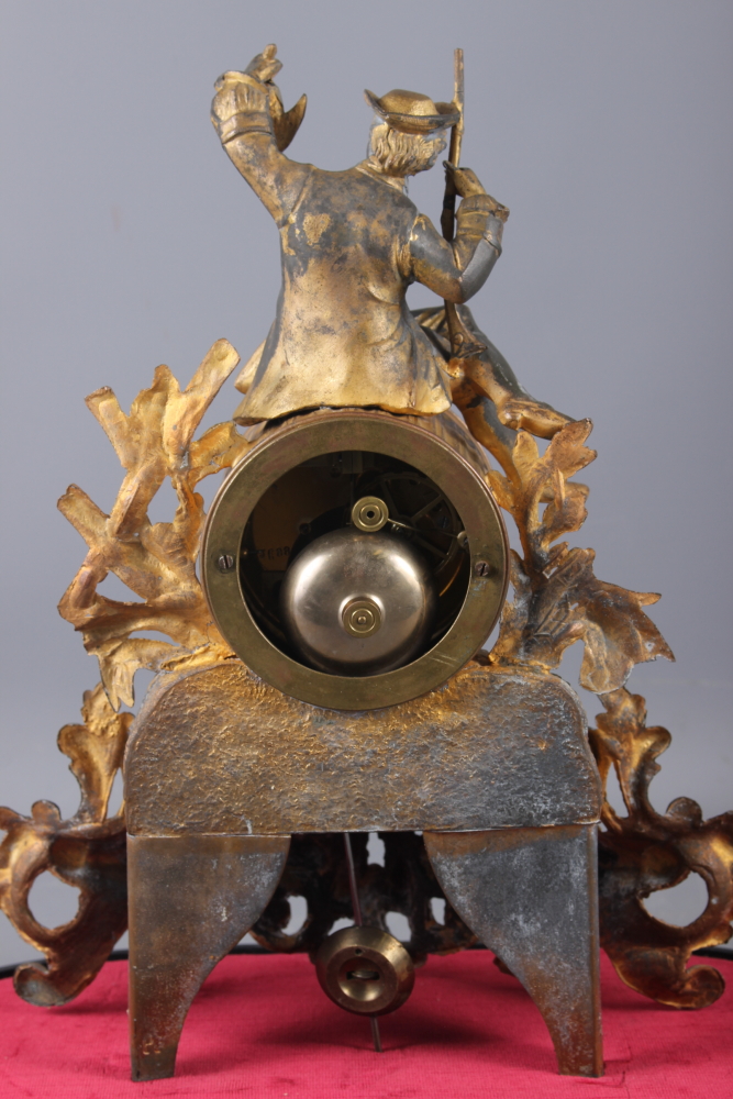 A 19th century gilt spelter mantel clock with hunter surmount, 14" high, under a glass dome shade, - Image 3 of 3