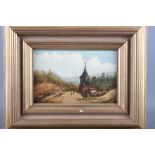 J B Pyne: oil on board, Continental landscape with church, 5" x 8", in gilt frame