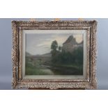 Raymond Van Doren: pastels, chateau by a river, 9" x 12 1/2", in decorated frame