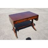 A mahogany and banded sofa table, fitted two drawers, on panel ends and splay supports, 36" wide x
