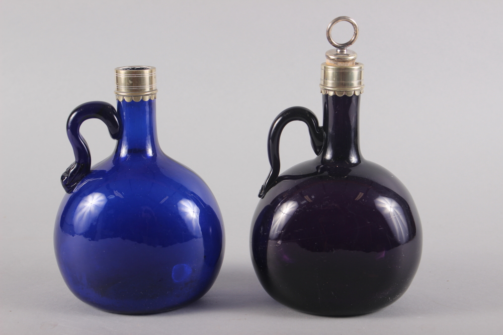 An amethyst glass and metal mounted bottle with stopper, 7" high, and another similar smaller blue - Image 3 of 5