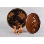 An Indian oval figure inlaid panel, 12" max dia, a chinoiserie lacquered tray and three pieces of