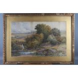 MHB: watercolours, river scene with figures, trees and distant cottage, 14" x 22 1/2", in gilt frame